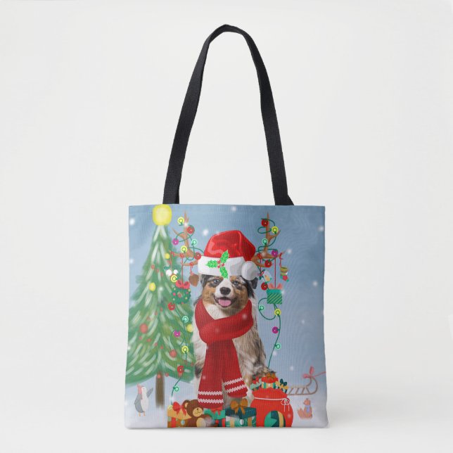 Australian Shepherd Dog in Snow Christmas Tote Bag (Front)