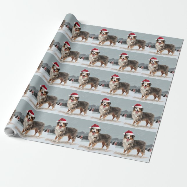 Australian Shepherd Dog in Snow Christmas  Wrapping Paper (Unrolled)