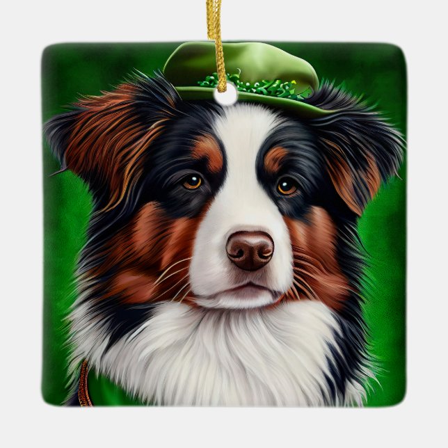 Australian Shepherd dog in St. Patrick's Day Dress Ceramic Ornament (Front)
