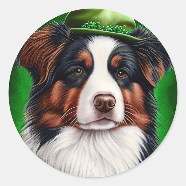 Australian Shepherd dog in St. Patrick's Day Dress Classic Round Sticker (Front)