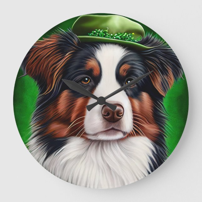 Australian Shepherd dog in St. Patrick's Day Dress Large Clock (Front)