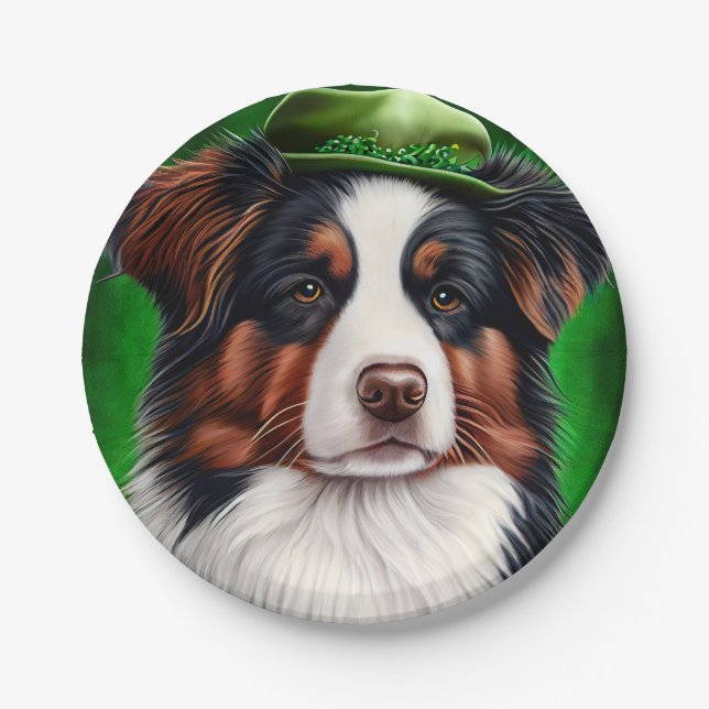 Australian Shepherd dog in St. Patrick's Day Dress Paper Plate (Front)