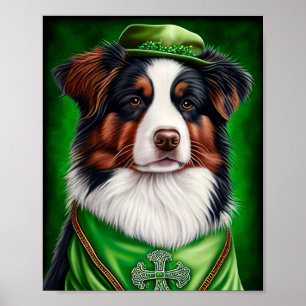 Australian Shepherd dog in St. Patrick's Day Dress Poster