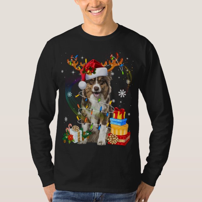 Australian Shepherd Dog Lights Santa Hat Sweater C (Front)