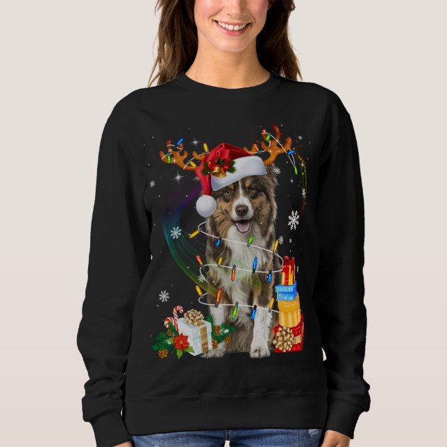 Australian Shepherd Dog Lights Santa Hat Sweater C (Front)