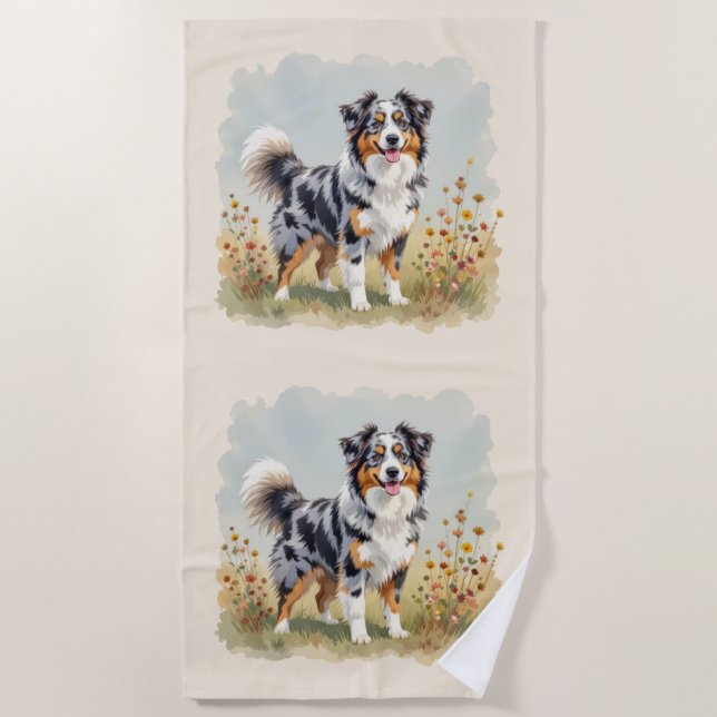 Australian Shepherd Dog Merle Long Tail Beach Towel (Front)