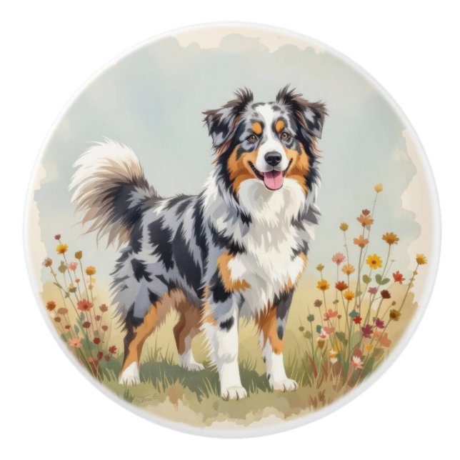 Australian Shepherd Dog Merle Long Tail Ceramic Knob (Front)