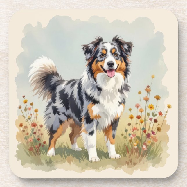 Australian Shepherd Dog Merle Long Tail Coaster (Front)