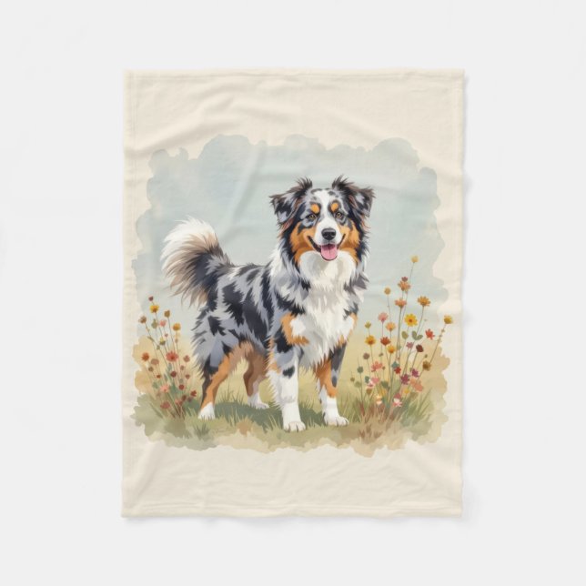 Australian Shepherd Dog Merle Long Tail Fleece Blanket (Front)