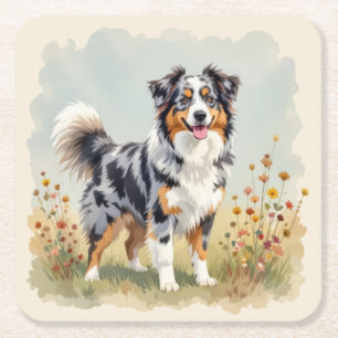 Australian Shepherd Dog Merle Long Tail Square Paper Coaster