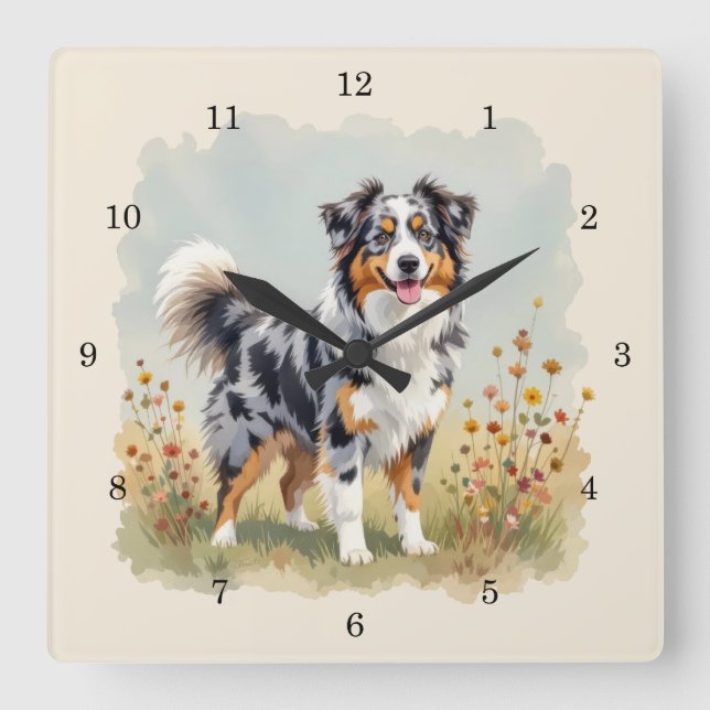 Australian Shepherd Dog Merle Long Tail Square Wall Clock (Front)