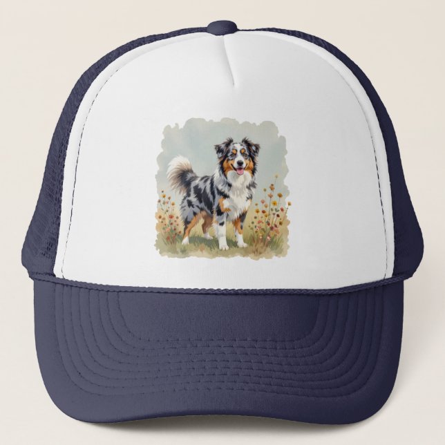 Australian Shepherd Dog Merle Long Tail Trucker Hat (Front)