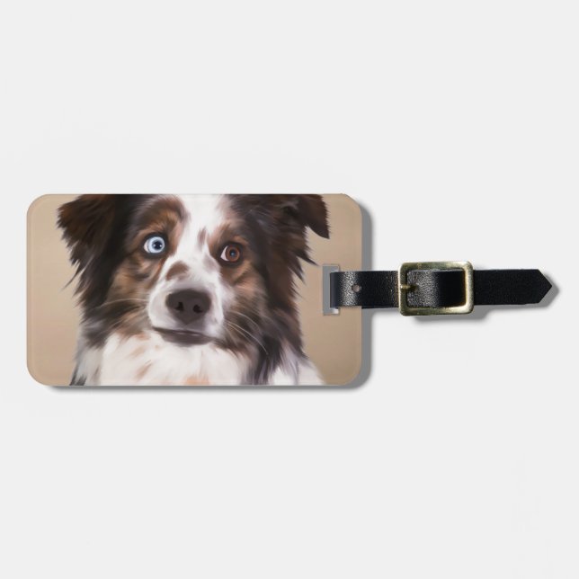 Australian Shepherd Dog Oil Painting Art Luggage Tag (Front Horizontal)
