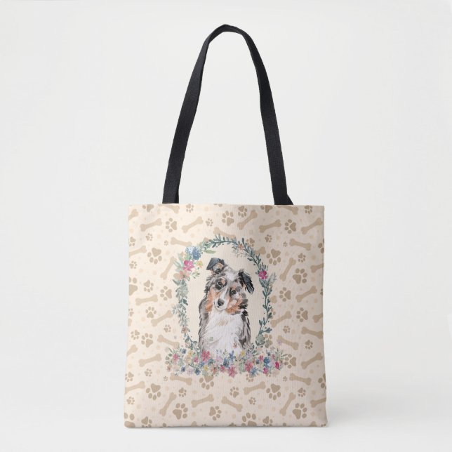 Australian Shepherd Dog Paw Print & Dog Bone Cute  Tote Bag (Front)