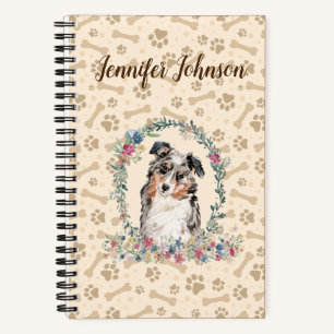 Australian Shepherd Dog Paw Print & Floral Cute Notebook