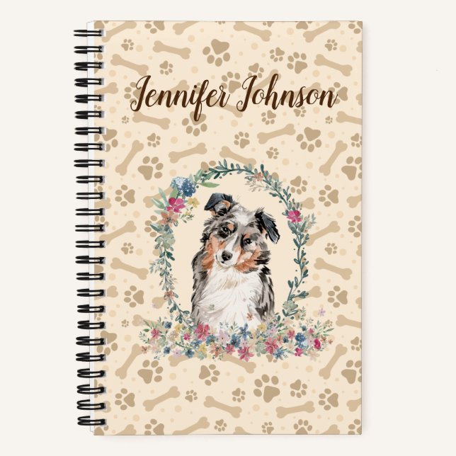 Australian Shepherd Dog Paw Print & Floral Cute Notebook (Front)
