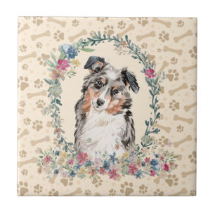 Australian Shepherd Dog Paw Print Floral Cute Tile