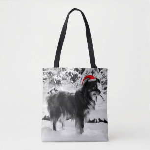 Australian Shepherd Dog Red Santa Hat Oil Painting Tote Bag