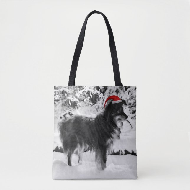 Australian Shepherd Dog Red Santa Hat Oil Painting Tote Bag (Front)