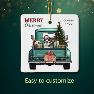 Australian Shepherd Dog Retro Truck Christmas Ceramic Ornament
