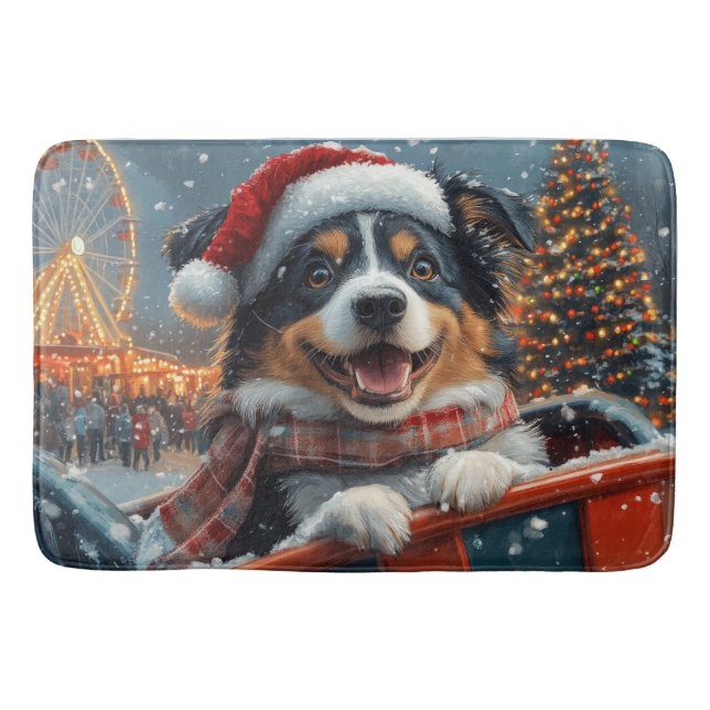 Australian Shepherd Dog Roller Coaster Christmas Bath Mat (Front)