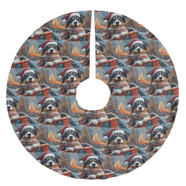 Australian Shepherd Dog Roller Coaster Christmas Brushed Polyester Tree Skirt (Front)