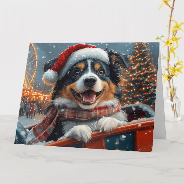 Australian Shepherd Dog Roller Coaster Christmas Card (Yellow Flower)