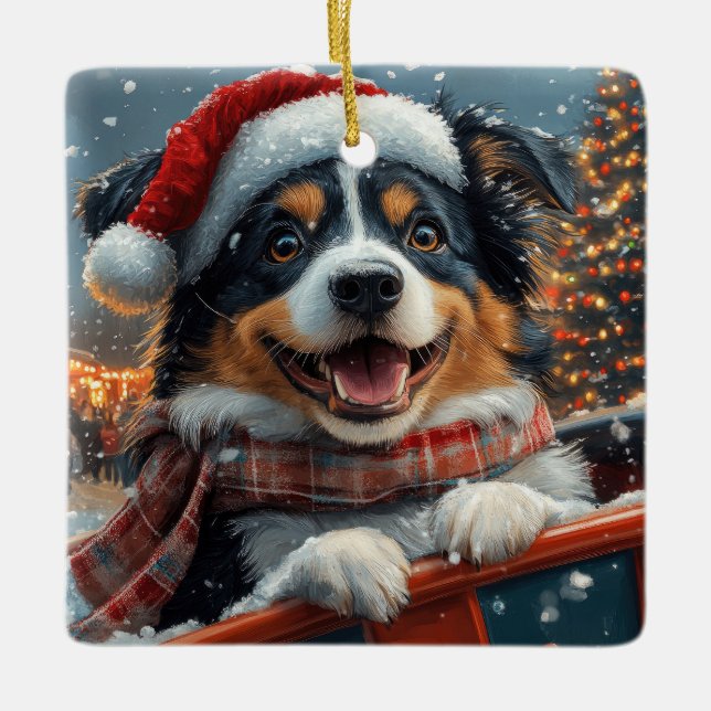 Australian Shepherd Dog Roller Coaster Christmas Ceramic Ornament (Front)
