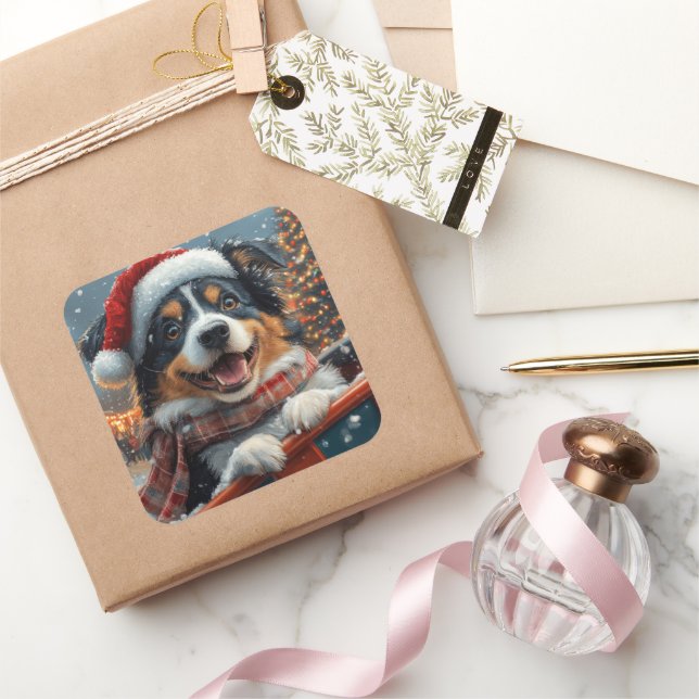 Australian Shepherd Dog Roller Coaster Christmas Square Sticker (Gifting)