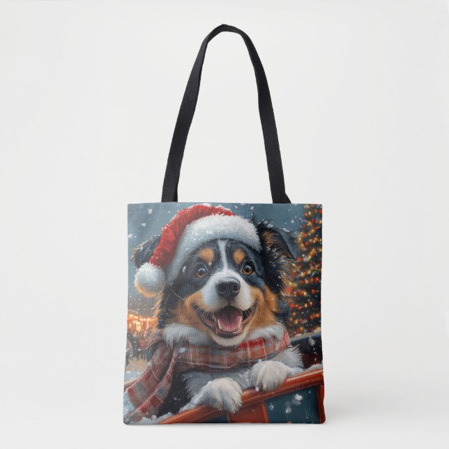 Australian Shepherd Dog Roller Coaster Christmas Tote Bag (Front)