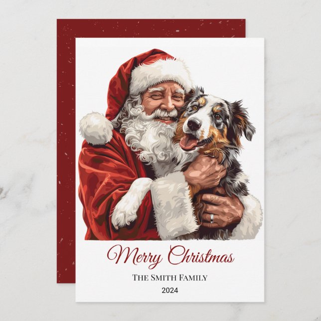 Australian Shepherd Dog Santa Claus Christmas Holiday Card (Front/Back)