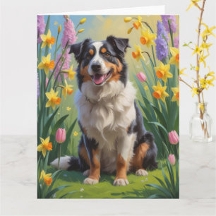 Australian Shepherd Dog Spring Flowers Painting Card