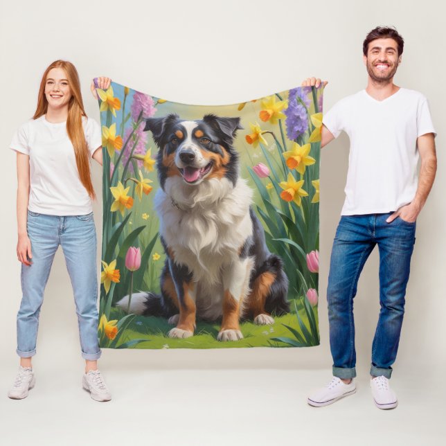 Australian Shepherd Dog Spring Flowers Painting Fleece Blanket (In Situ)