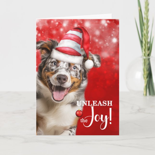 Australian Shepherd Dog Unleash the Joy Christmas Holiday Card (Front)