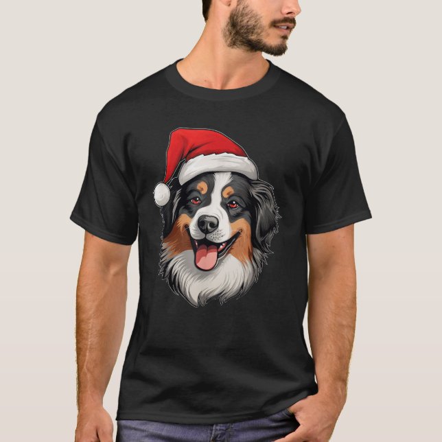 Australian Shepherd Dog Wearing Santa Hat Christma T-Shirt (Front)