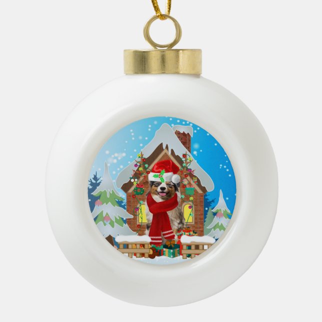 Australian Shepherd dog with Christmas gifts Ceramic Ball Christmas Ornament (Front)