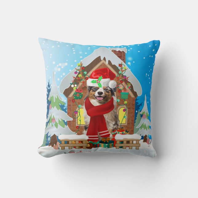 Australian Shepherd dog with Christmas gifts Cushion (Front)