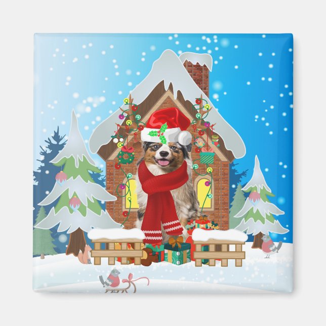 Australian Shepherd dog with Christmas gifts Magnet (Front)