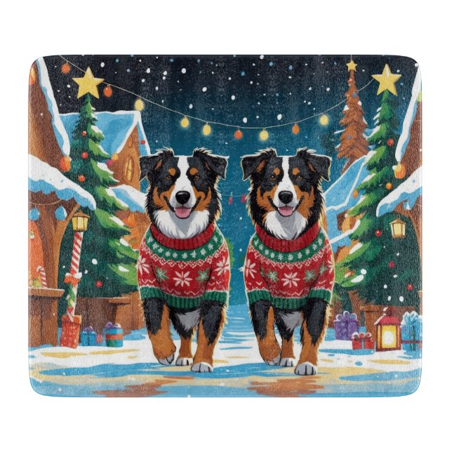 Australian Shepherd Dogs Christmas Snow Holiday Cutting Board (Front)