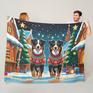 Australian Shepherd Dogs Christmas Snow Holiday Fleece Blanket