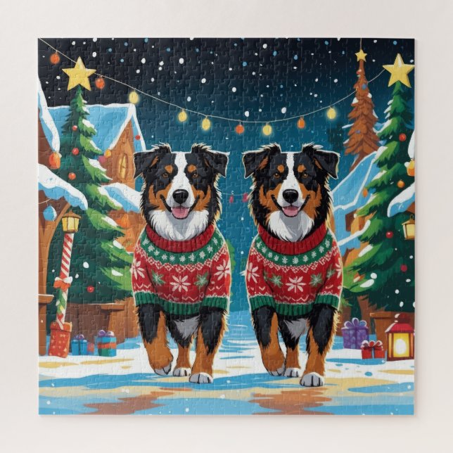 Australian Shepherd Dogs Christmas Snow Holiday Jigsaw Puzzle (Vertical)