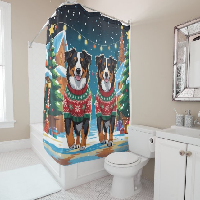 Australian Shepherd Dogs Christmas Snow Holiday Shower Curtain (In Situ)