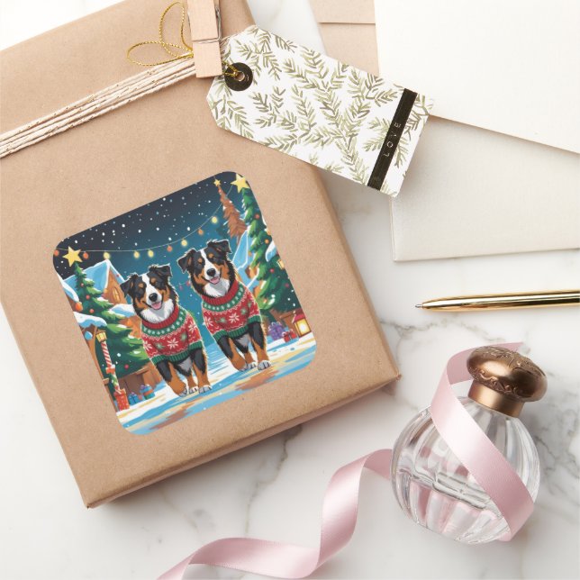 Australian Shepherd Dogs Christmas Snow Holiday Square Sticker (Gifting)