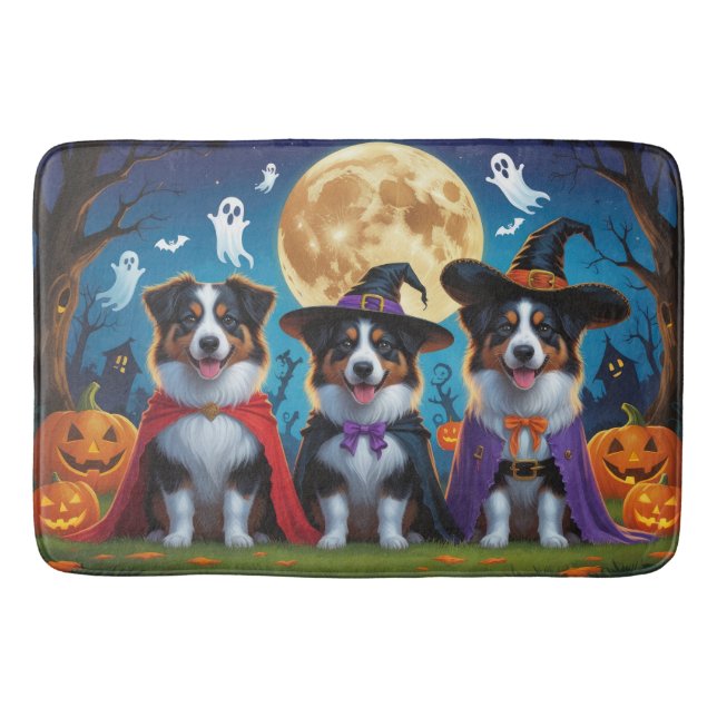 Australian Shepherd Dogs Pumpkin Halloween Funny Bath Mat (Front)