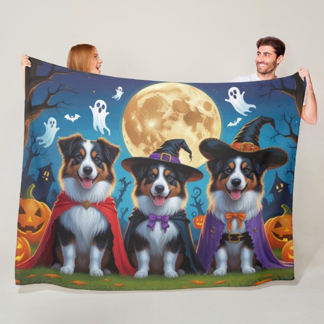 Australian Shepherd Dogs Pumpkin Halloween Funny Fleece Blanket (In Situ)