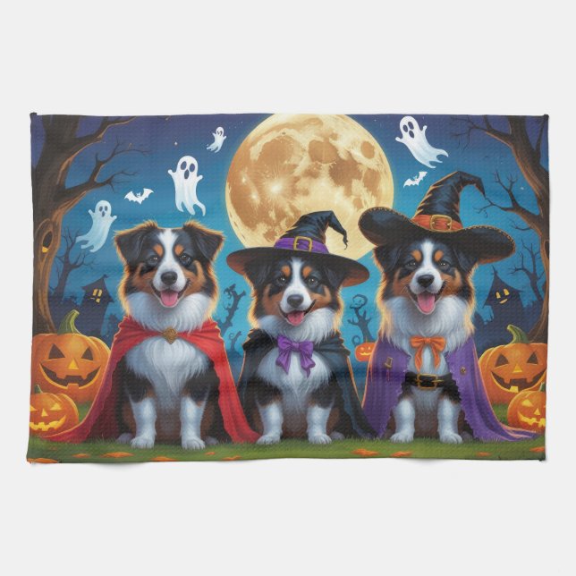 Australian Shepherd Dogs Pumpkin Halloween Funny Tea Towel (Horizontal)