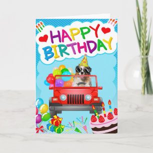 Australian Shepherd Driving with Balloon Birthday Card