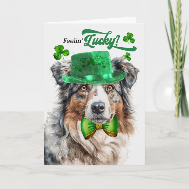 Australian Shepherd Feelin' Lucky St Patrick's Day Holiday Card (Front)