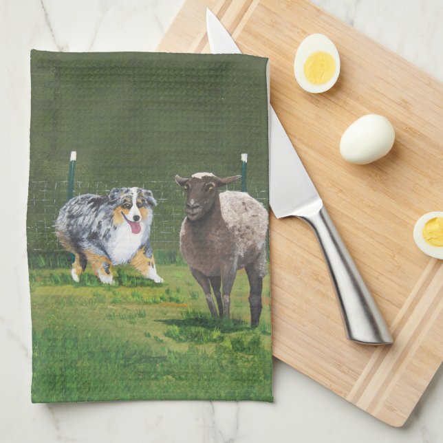 Australian Shepherd ~ Fetch Vert Oil Painting Tea Towel (Quarter Fold)