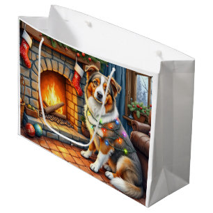 Australian Shepherd Fireplace with Christmas Light Large Gift Bag